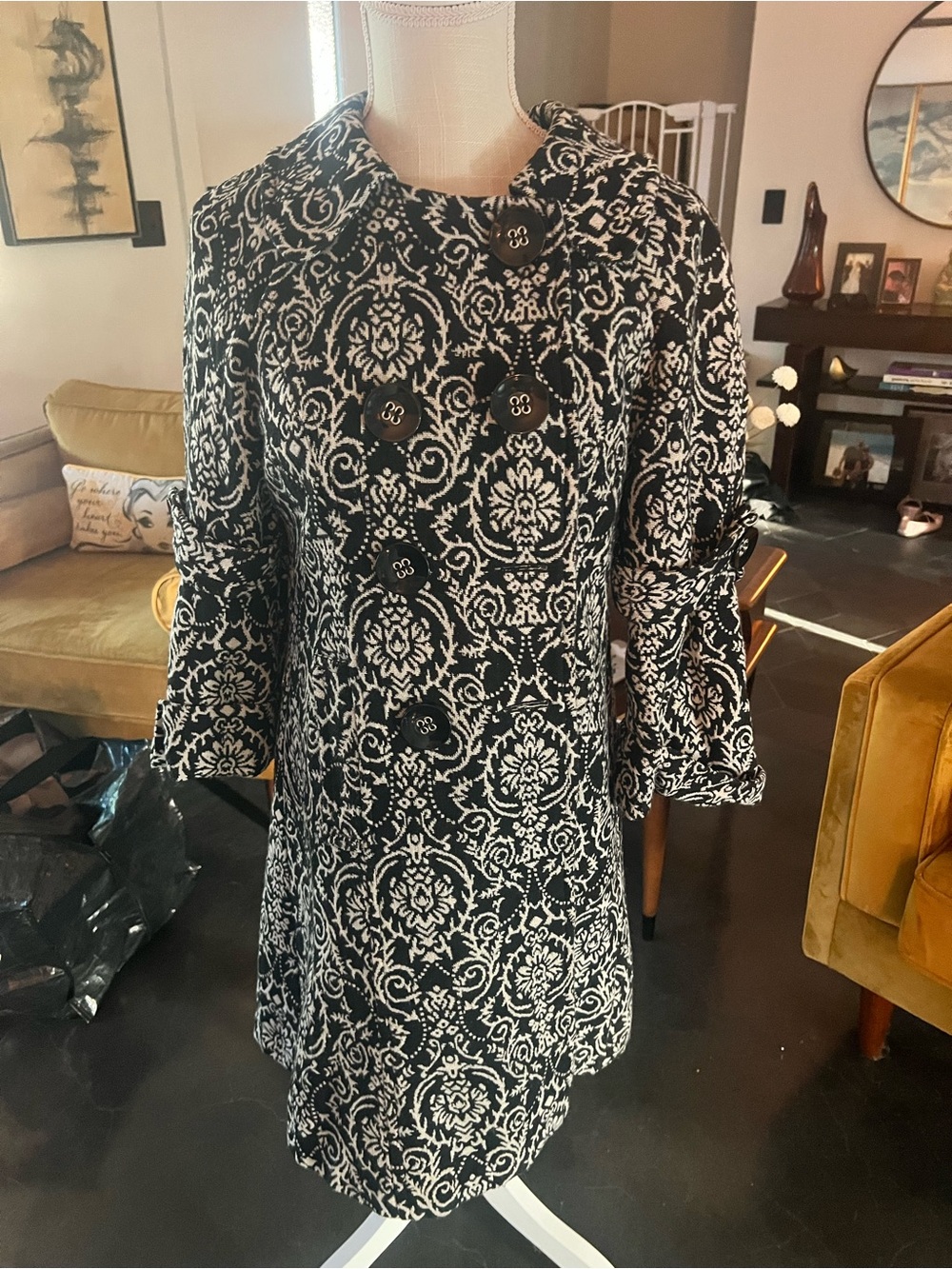 Black & White Printed Tunic Coat with Button Front